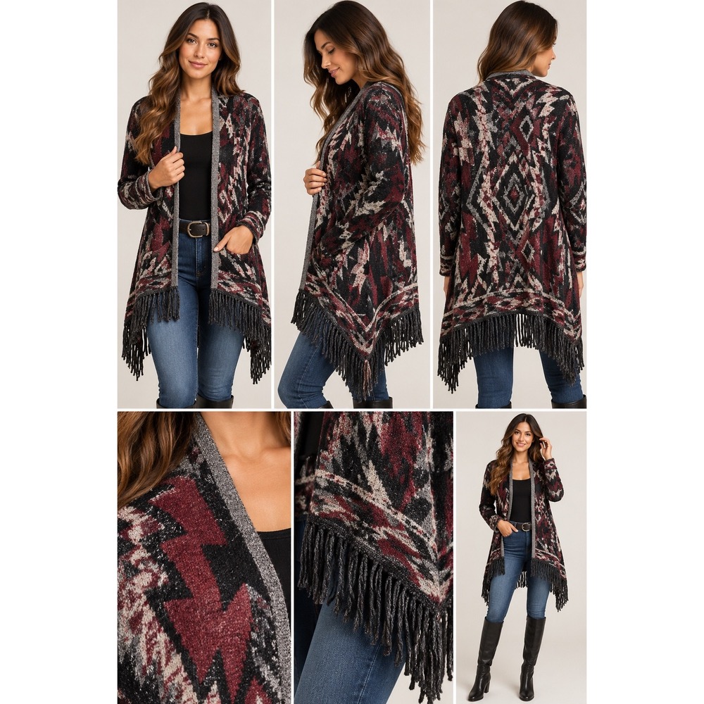 Lucky Brand Southwestern Fringe Open Front Cardigan Sweater Aztec Red Black